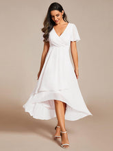 Ruffles Sleeve Pleated V-Neck A-Line Midi Chiffon Wedding Guest Dress #color_White